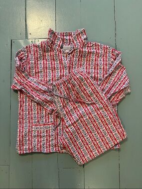 Lanz of Salzberg Striped Floral Cotton Pajama Set - Red & White size large